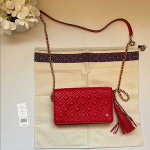 Tory Burch Brilliant Red Fleming Flat Wallet Quilted Crossbody HandBag